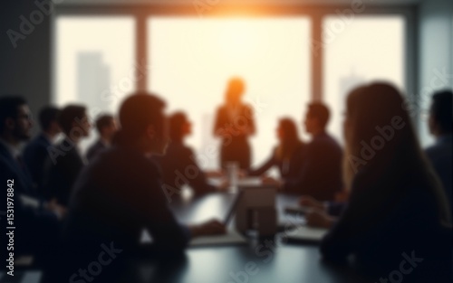 Silhouettes of businesspeople gathered in conference room for negotiation or seminar event, female leader standing inf front of audience makes speech or presentation, blurred view. Business meeting