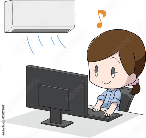 冷房で快適に仕事をする女性のイラスト