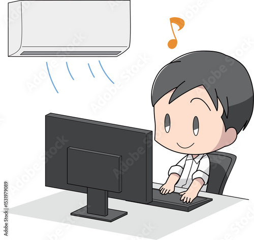 冷房で快適に仕事をする男性のイラスト
