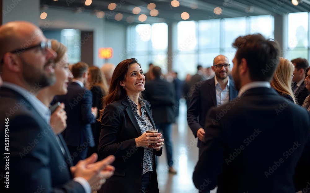 © wang - Business people mingle at a conference. Many people talk and exchange contacts in a large hall. Social networking event. Business professionals. Corporate event. Busy meeting. People look happy.