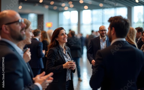 Business people mingle at a conference. Many people talk and exchange contacts in a large hall. Social networking event. Business professionals. Corporate event. Busy meeting. People look happy.