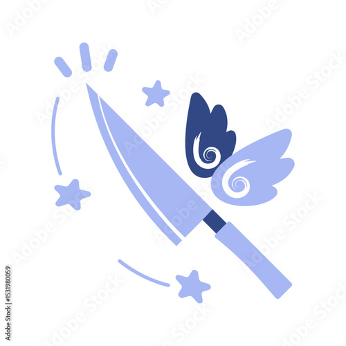 Flying kitchen knife. Iconic illustration. White background.