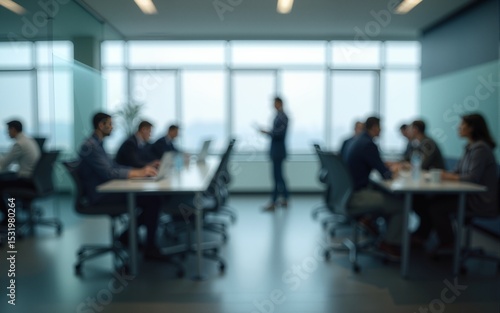 A blurred, interior business people at tables through a glass wall. This appears to be an office setting. High quality