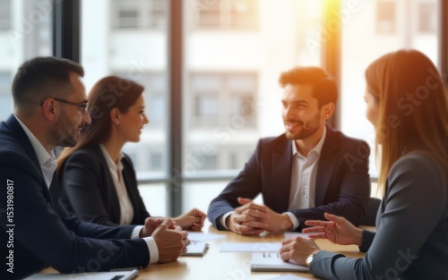 Wallpaper Mural Corporate business meeting with blurred people discussing in a sunlit office. High quality Torontodigital.ca