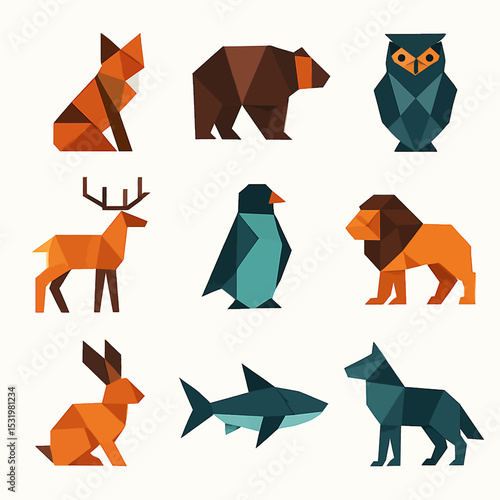Geometric animal collection featuring low poly fox, bear, owl, deer, penguin, lion and shark