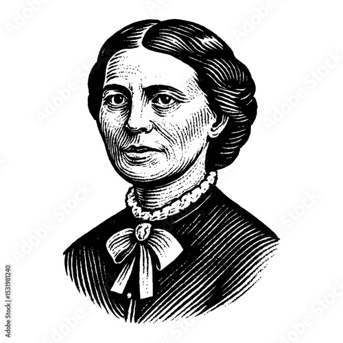 Vintage Portrait of Woman with Dress and Necklace Black and White Outline Line Art Drawing