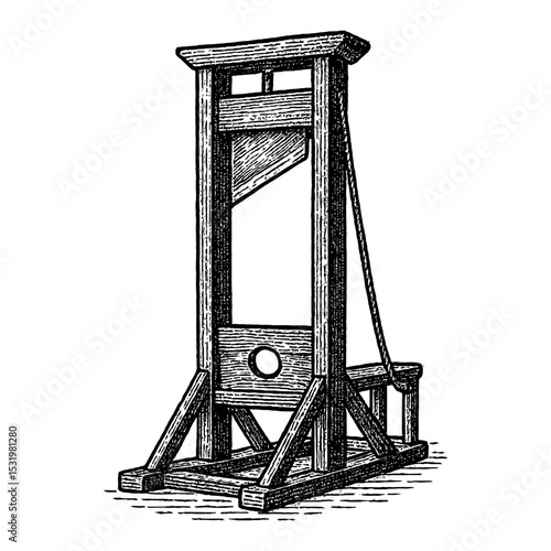 Guillotine Machine Black and White Outline Line Art Drawing Engraving Detail and Illustration
