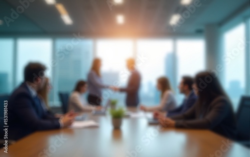 Blurred office interior space background with people working and meeting on table. Business concept. High quality