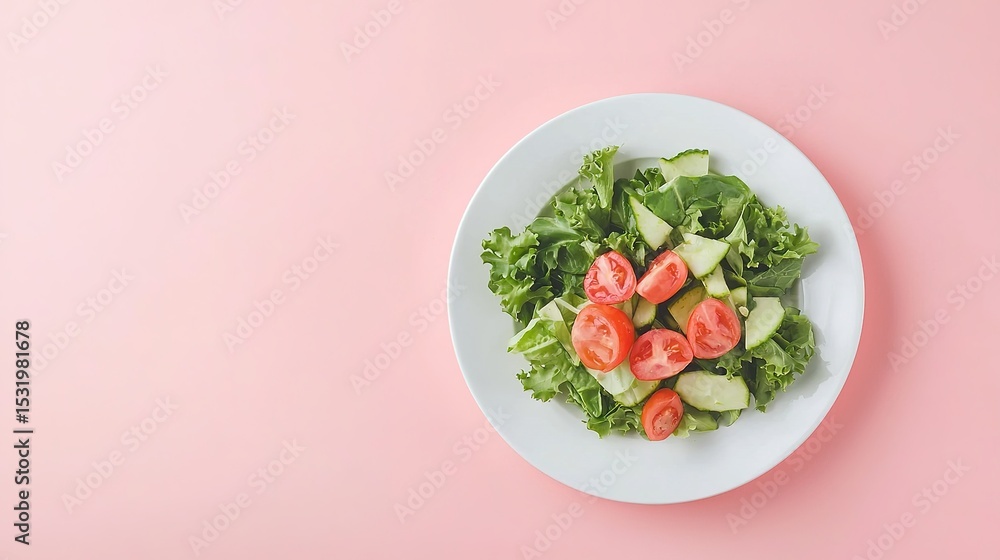 A fresh salad with lettuce, tomato, and avocado on a white plate over a pink background. A fresh salad with lettuce, tomato, and avocado on a white plate over a pink background.