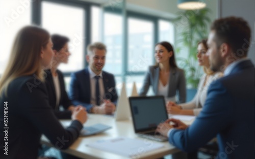 Blurred business people meeting in office interior with space for business brainstorming background design. High quality
