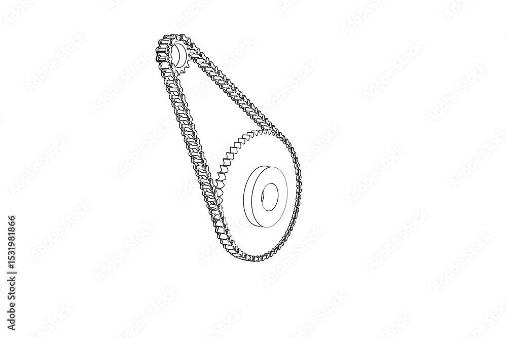 Obraz premium Detailed Schematic Representation of a Chain and Sprocket Wheel Drive. Engineering Diagram Illustrating Mechanical Power Transmission in a Simple Outline Style. Isolated Industrial Machine Part.