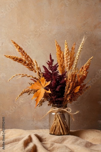 Autumn's gentle embrace a bouquet of dried flowers in shades of Ochre and Crimson, a natural still life composition