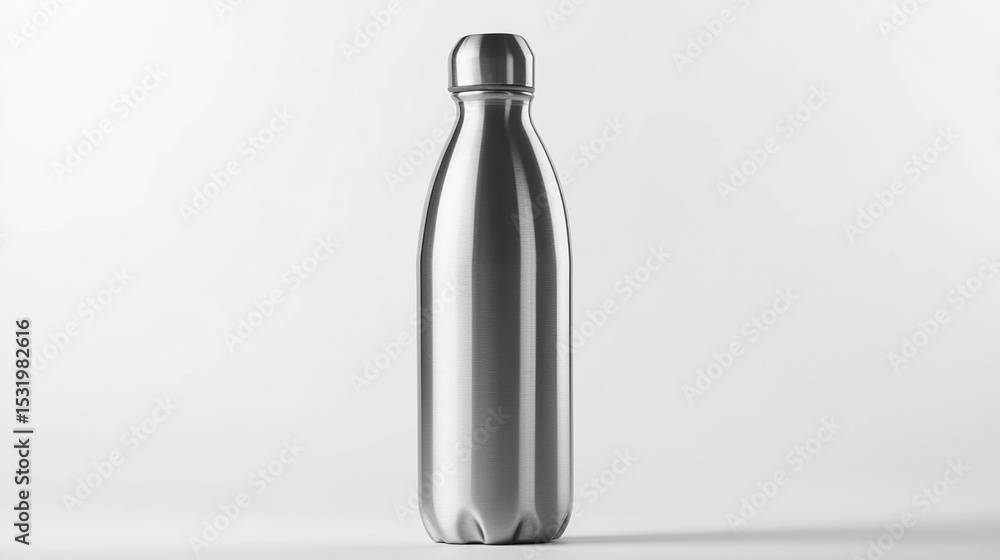 Sleek, silver, metallic insulated water bottle with a slightly rounded, domed cap and subtle bottom ridges, standing upright against a plain white background Sleek, silver, metallic insulated water bottle with a slightly rounded, domed cap and subtle bottom ridges, standing upright against a plain white background