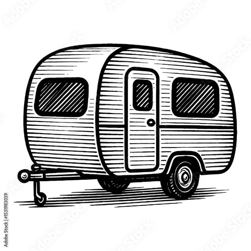 Vintage Caravan Camper Black and White Outline Line Art Drawing of Recreational Vehicle