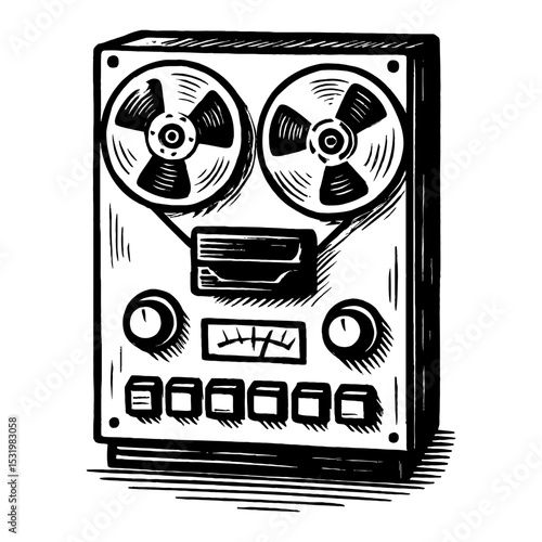 Vintage Reel to Reel Tape Recorder Black and White Outline Line Art Drawing Style