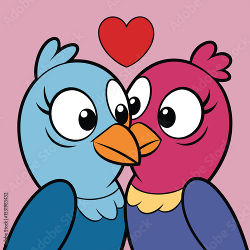 Pair of lovebirds preening each other, their heads close in affection.