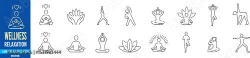 Set of line icons wellness, wellbeing, healthcare, healthy, mental health, spa, medical. Editable stroke icons illustration collection Vector