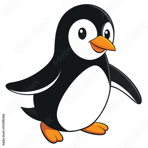 Penguin waddling on ice, one flipper slightly extended for balance.