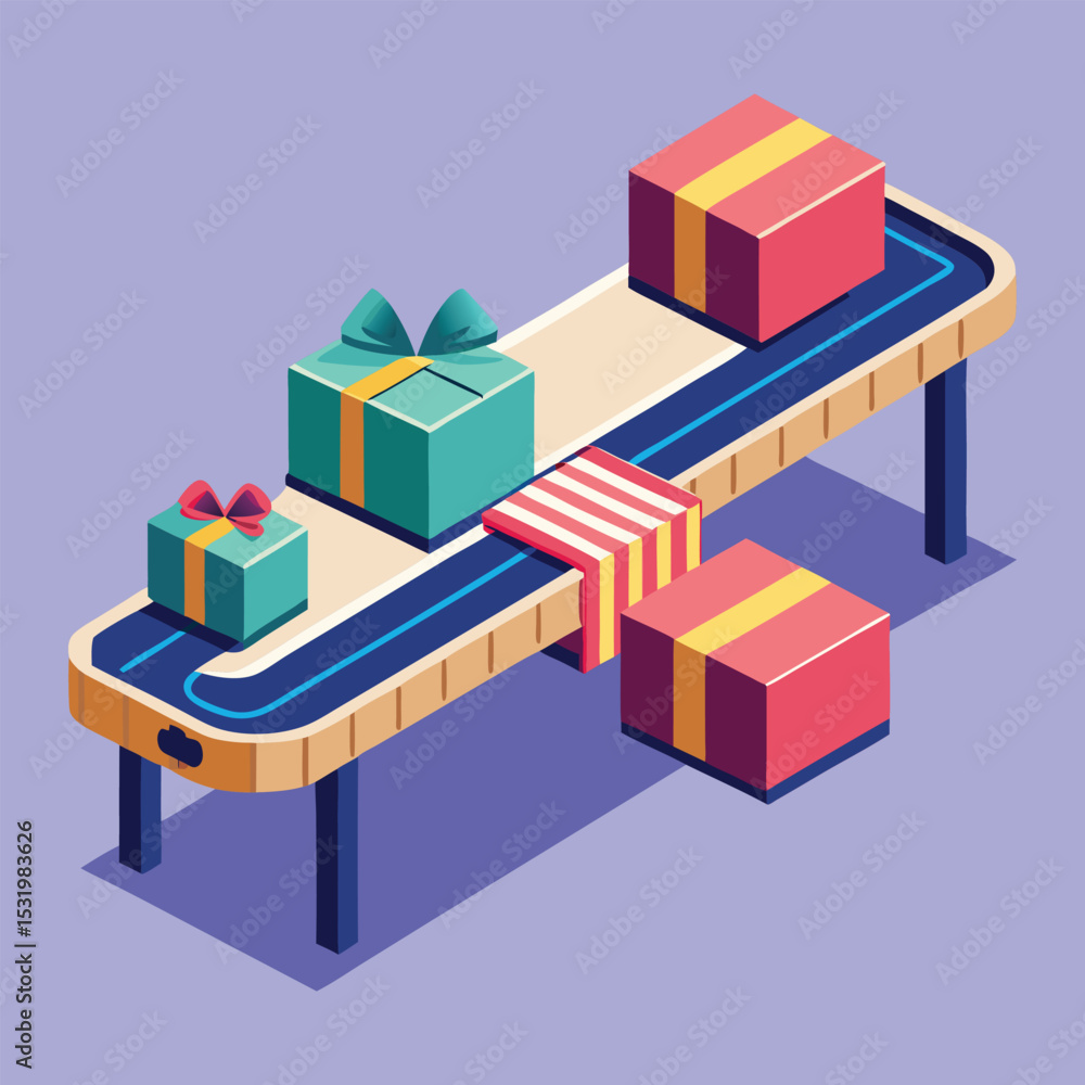Fototapeta premium Minimalist Conveyor Belt with Gift Boxes Vector Illustration