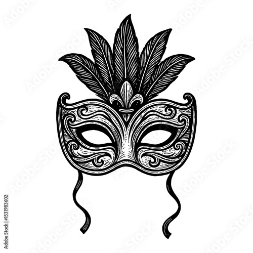 Ornate Masquerade Mask with Feathers Black and White Outline Line Art Drawing Illustration