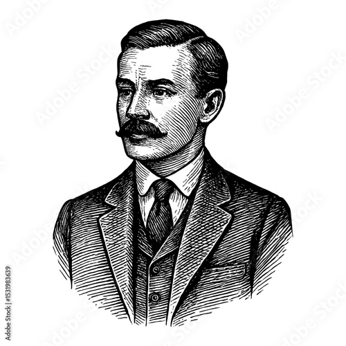 Man Portrait with Moustache in a Suit Vintage Style Black and White Outline Line Art Drawing