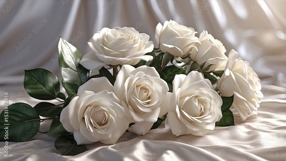 Obraz premium White Rose Flower Arrangement and Luxurious Satin Fabric