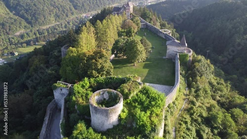 Ostrožac Castle Fortress On A Hilltop Above The Una River In Bosnia And Herzegovina - Aerial Drone Shot
