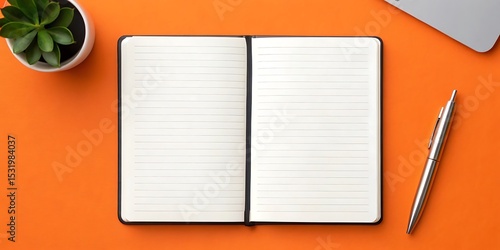 Open lined notebook on vibrant orange surface, ready for notes.