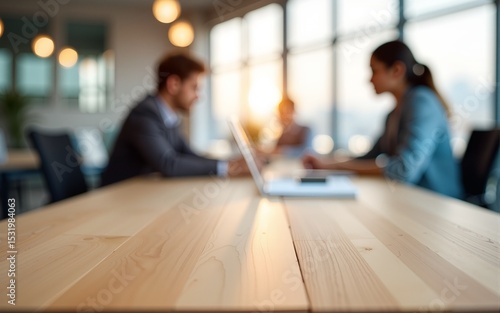 Empty wood tabletop and blurred bokeh people working in office interior space banner background - can used for display or montage your products. High quality