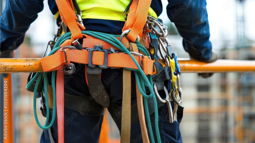 Obraz premium Safety harness and lanyard draped on railing of a tall worksite platform
