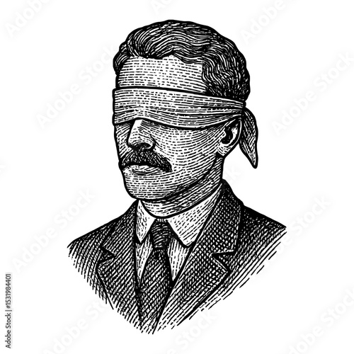 Blindfolded Man Head and Shoulder in Black and White Outline Line Art Drawing Woodcut Illustration