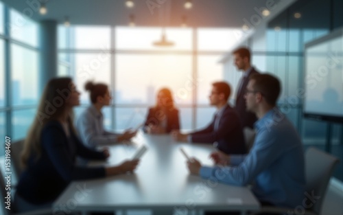 Blurred business people meeting in modern office building conference room, Generative AI. High quality
