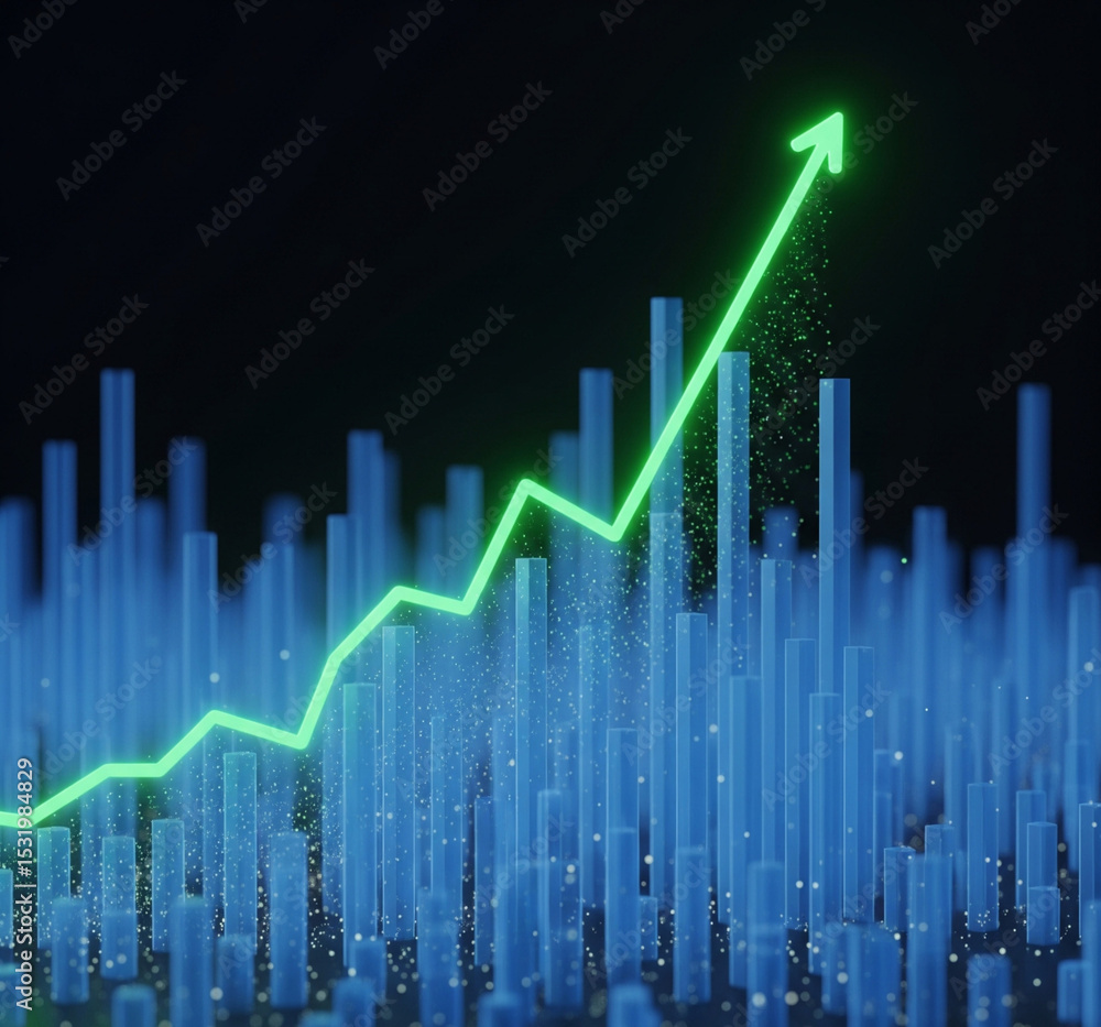 A photorealistic, cinematic 3D render of a dynamic, abstract financial stock market chart. The scene is a data cityscape, with a field of semi-translucent blue candlestick bar charts of varying height A photorealistic, cinematic 3D render of a dynamic, abstract financial stock market chart. The scene is a data cityscape, with a field of semi-translucent blue candlestick bar charts of varying height