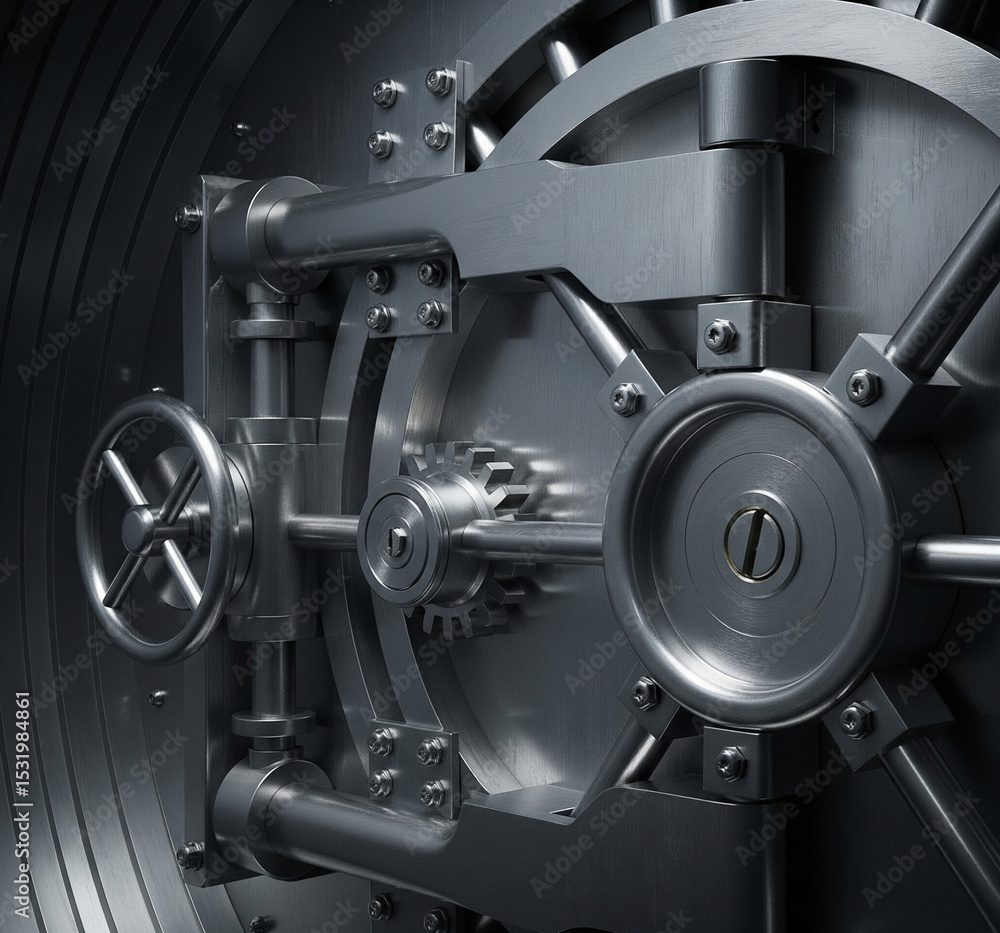 Fototapeta premium A photorealistic and cinematic close-up of the intricate locking mechanism of a massive, circular bank vault door