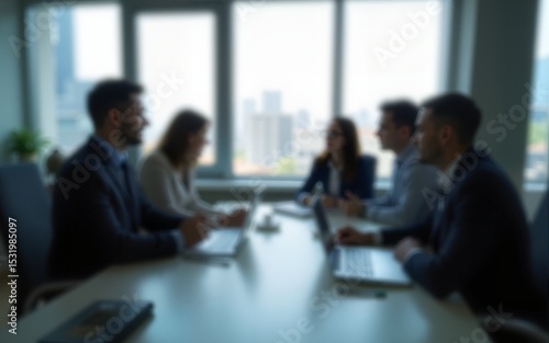 Blurred business people meeting in office interior with space for business brainstorming background design. High quality