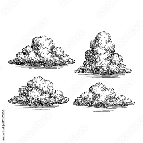 Cloud Engraving Sketch Illustration of Nature Scenery in Black and White Outline Line Art Drawing