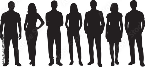 Eight Black Silhouettes People Standing Together group 1