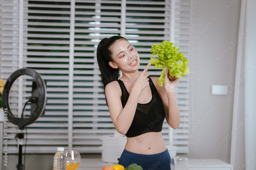 A joyful young woman, likely an influencer, holds a bell pepper, smiling next to a ring light, promoting healthy content. A joyful young woman, likely an influencer, holds a bell pepper, smiling next to a ring light, promoting healthy content.