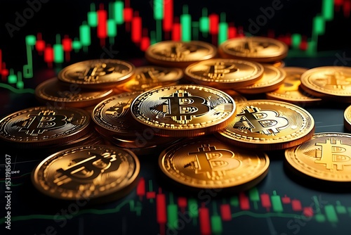 Golden bitcoin coins gleam against a dynamic trading chart