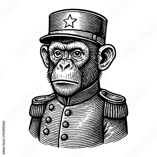 Monkey Commander with Uniform and Hat Black and White Outline Line Art Drawing