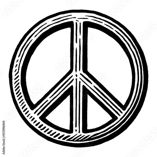 Peace Sign Illustration Black and White Outline Line Art Drawing Engraved in Vintage Style