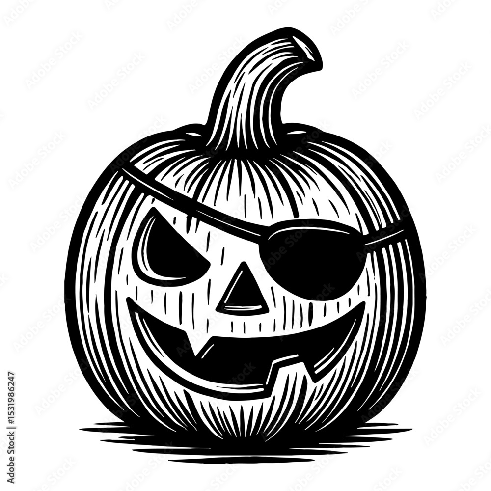 Fototapeta premium Halloween Pumpkin with Pirate Eye Patch Black and White Outline Line Art Drawing Illustration