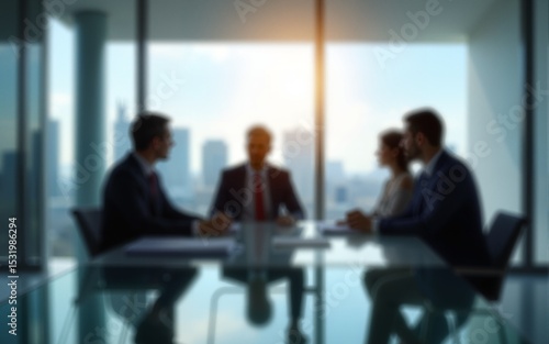 Business meeting in glass room office with blurred people background. High quality