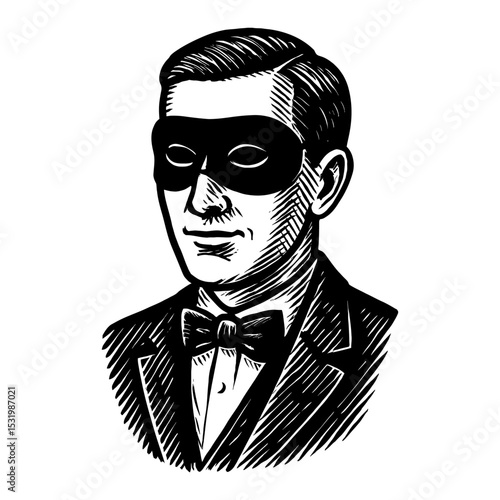 Mysterious Man in Mask and Suit Black and White Outline Line Art Drawing in Woodcut Style