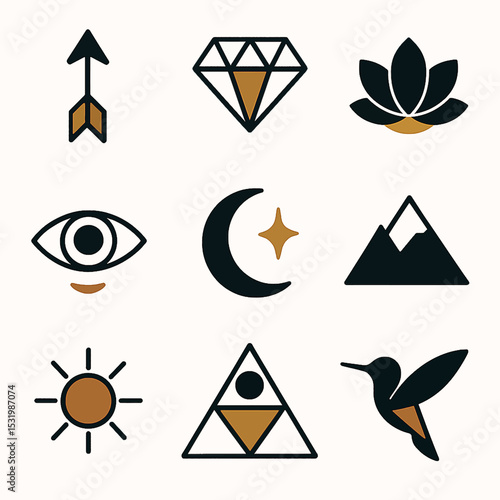 Assorted bohemian spiritual symbols featuring arrow, diamond, eye, moon and star icons