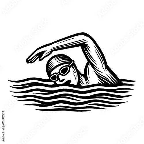 Vintage Wooden Swimmer Black and White Outline Line Art Drawing