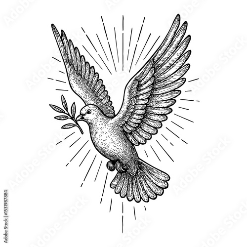 Flying Dove with Olive Branch Black and White Outline Line Art Drawing Illustration Logo Design
