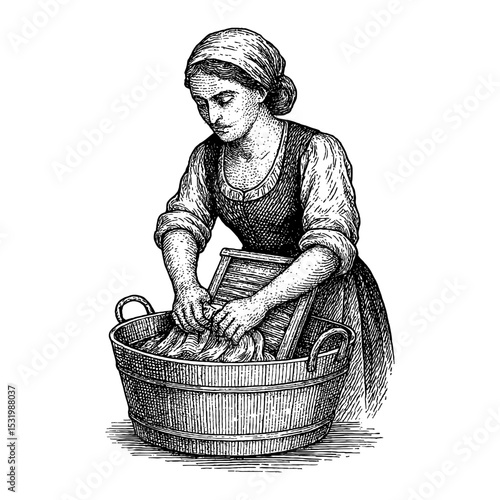 Woman Washing Clothes in Tub With Washboard Antique Black and White Outline Line Art Drawing