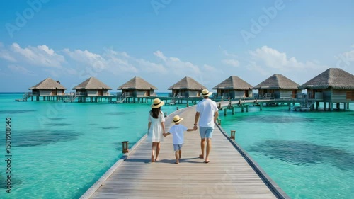 Family strolling on a wooden pier over turquoise water, with thatched-roof overwater bungalows in the background