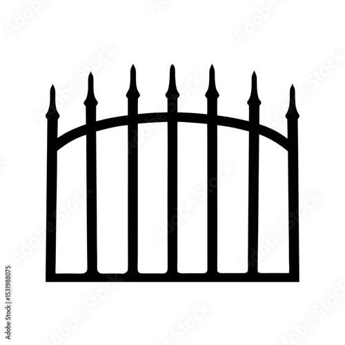 A black and white silhouette of a wrought iron fence section